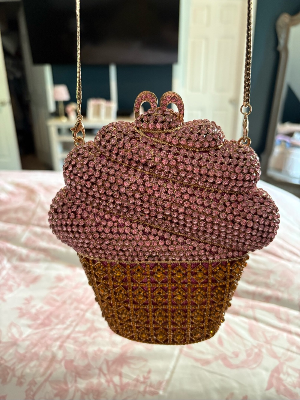 cupcakes & cashmere Pink and Gold Crystal Cupcake Crossbody Bag